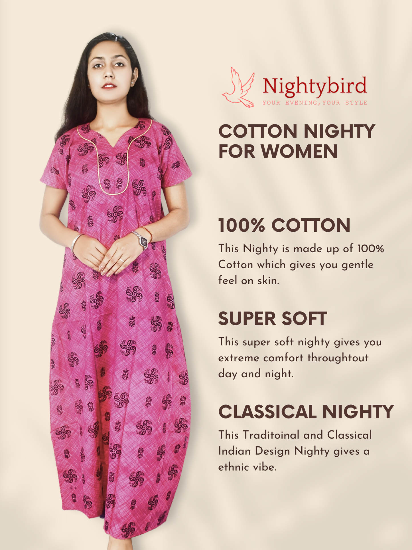 Pack of 2 - Nighty Bird Women's Cotton Classical Nighty – Soft, Comfortable, and Elegant Sleepwear